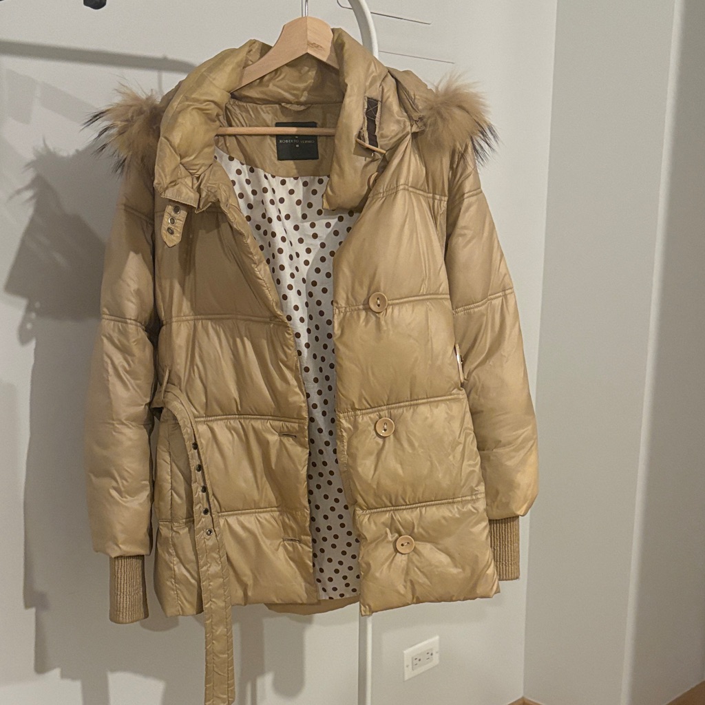 Womens Roberto Verino Tan Puffer Jacket With Fur Trim